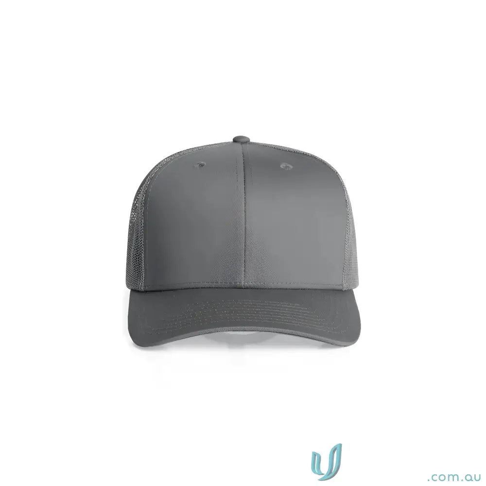 Dark gray recycled polyester trucker cap with shallow curved brim and mesh back