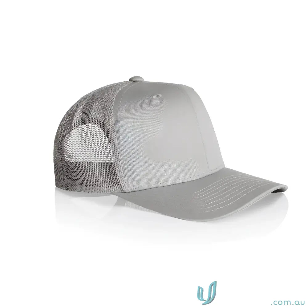 Light grey recycled polyester trucker cap with mesh back and shallow curved brim