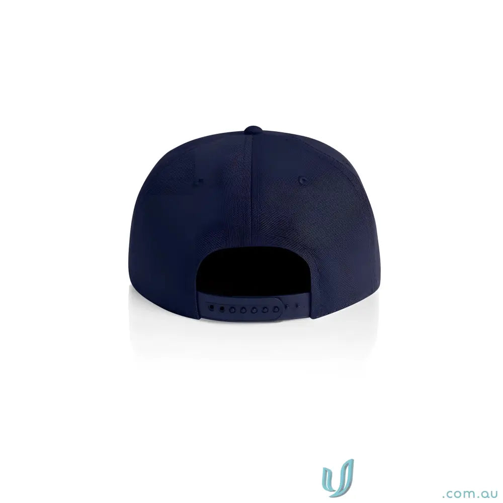 Dark blue cotton canvas snapback cap with flat peak and adjustable plastic snapback