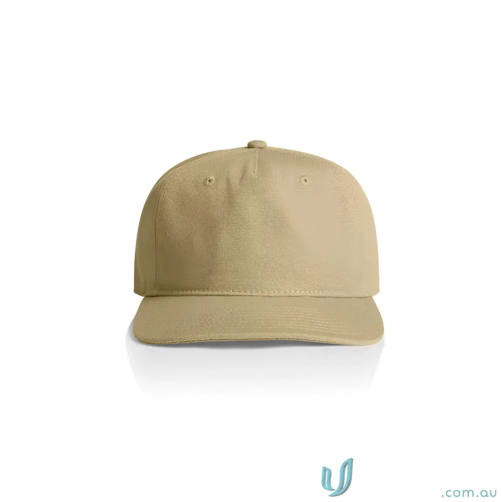 Light brown cotton canvas baseball cap with flat peak and adjustable plastic snapback