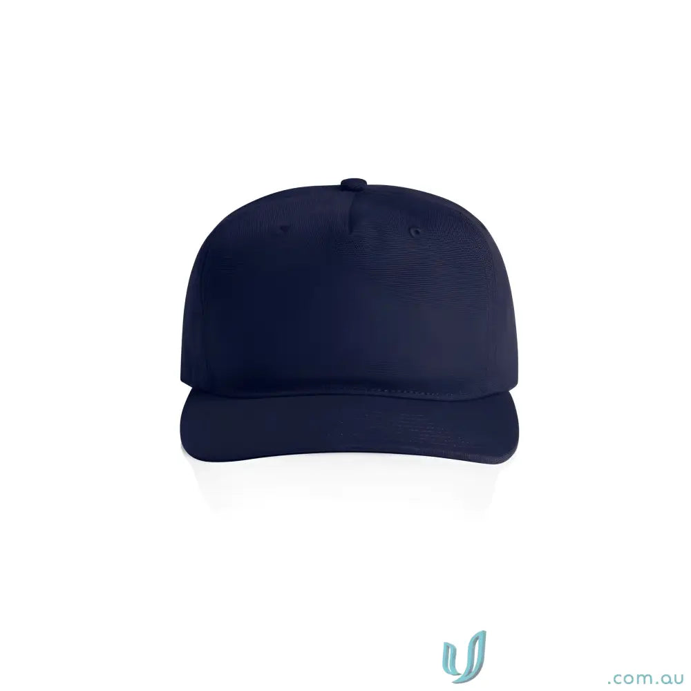 Navy blue cotton canvas cap with flat peak and adjustable plastic snapback