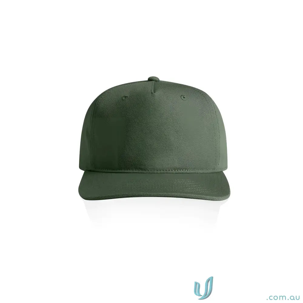 Dark green cotton canvas cap with flat peak and adjustable plastic snapback