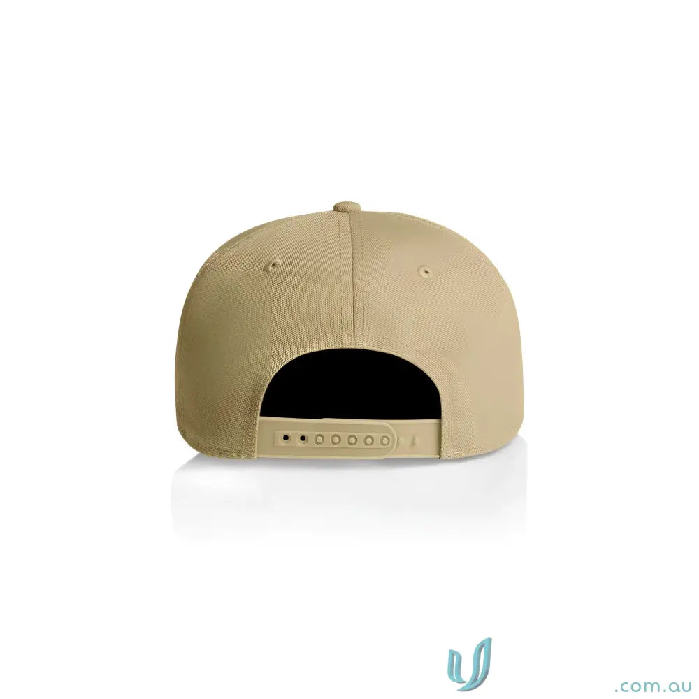 Tan cotton canvas cap with flat peak and adjustable plastic snapback