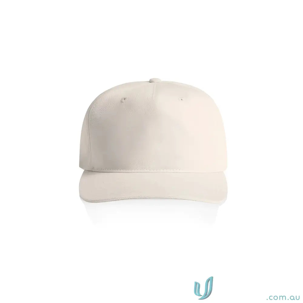 Plain light-colored cotton canvas cap with flat peak and plastic snapback adjustable strap