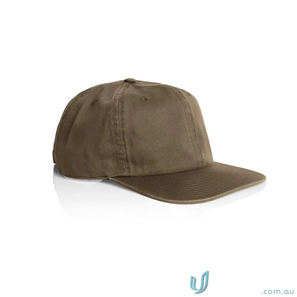 Olive green cotton baseball cap with flat peak, metal clasp, and tonal under-peak lining