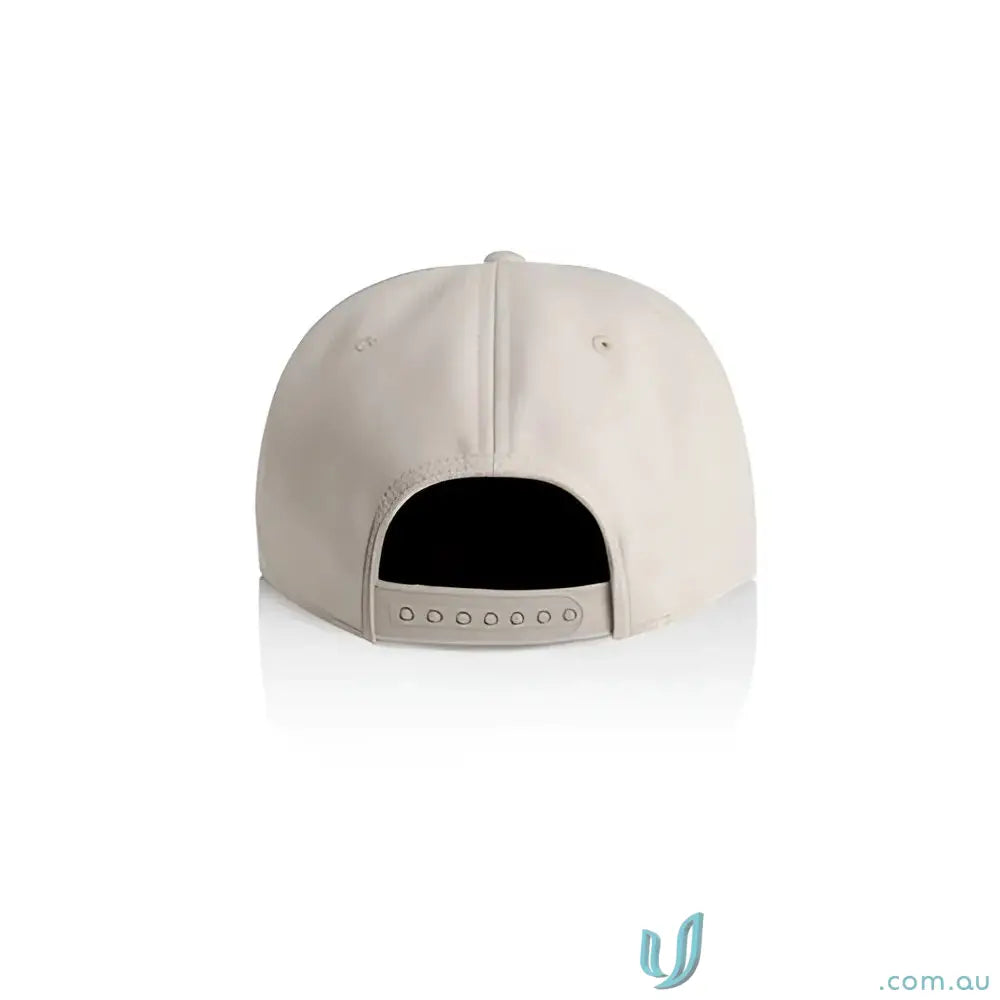 Back of beige mid-profile cap with adjustable strap, recycled polyester, fleece lining