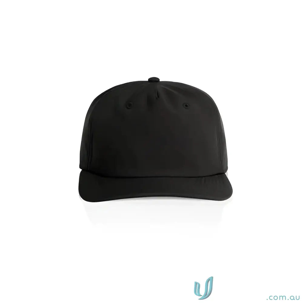 Black plain baseball cap made of recycled polyester with fleece lining and mid profile design