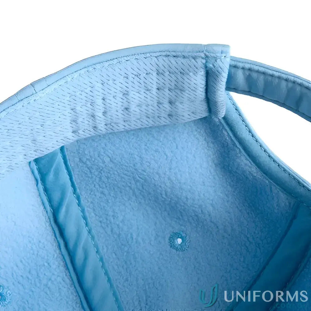 Inside view of a light blue Premium Mid-Profile Five-Panel Cap with fleece lining and mesh sweatband