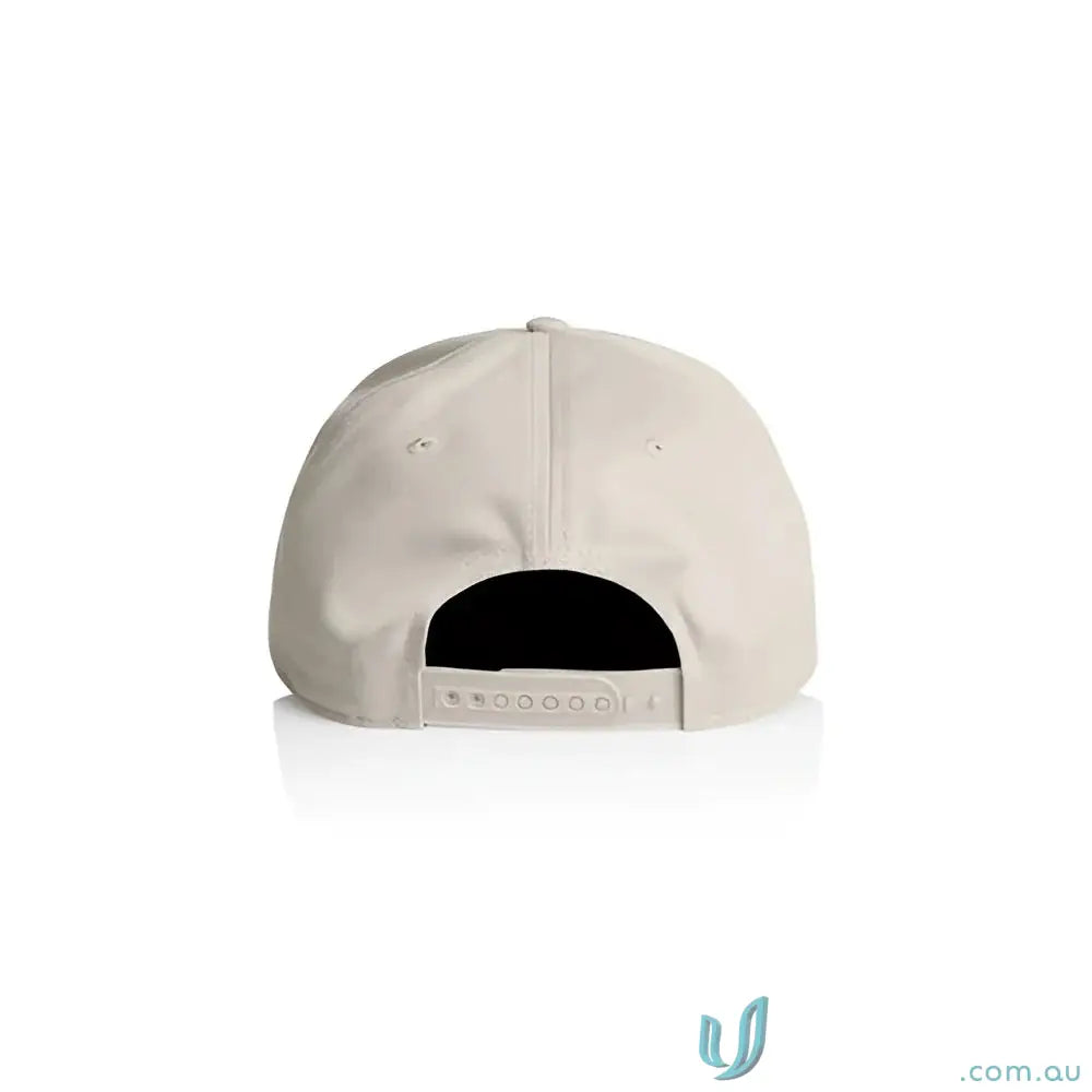 Light beige snapback cap with curved peak and tonal under-peak lining