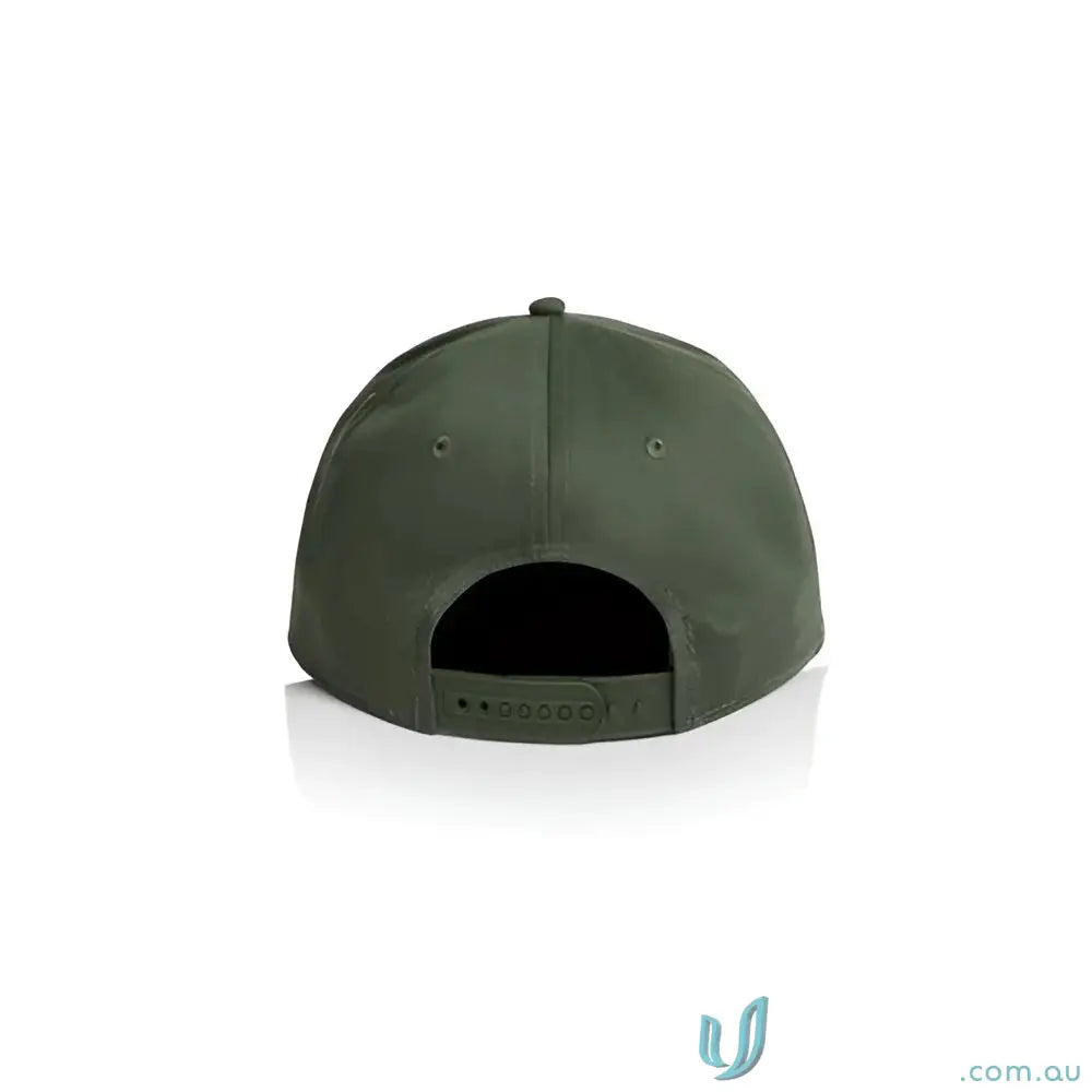 Dark green snapback cap with curved peak and tonal under-peak lining