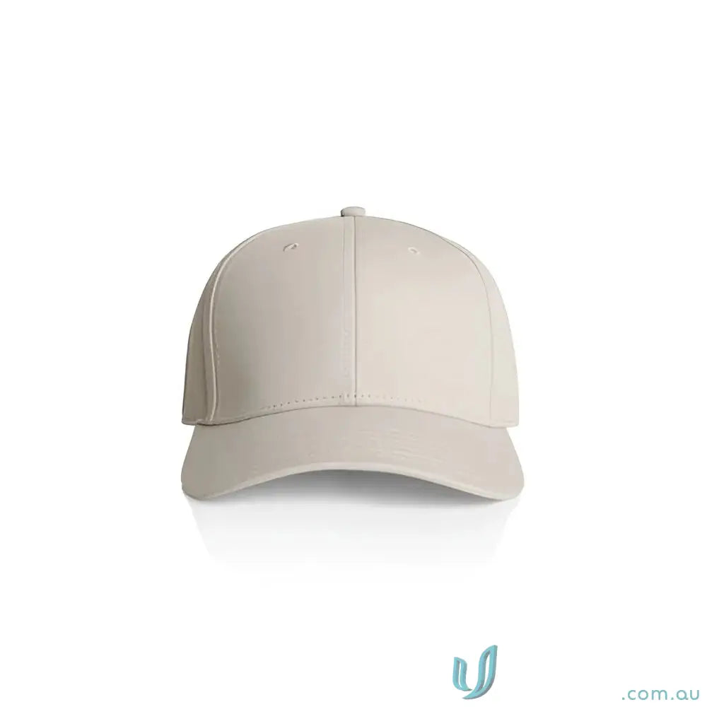 Plain light-colored snapback cap with curved peak and tonal under-peak lining