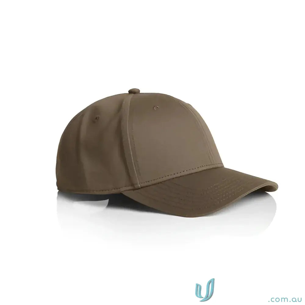 Plain brown snapback cap with curved peak and tonal under-peak lining