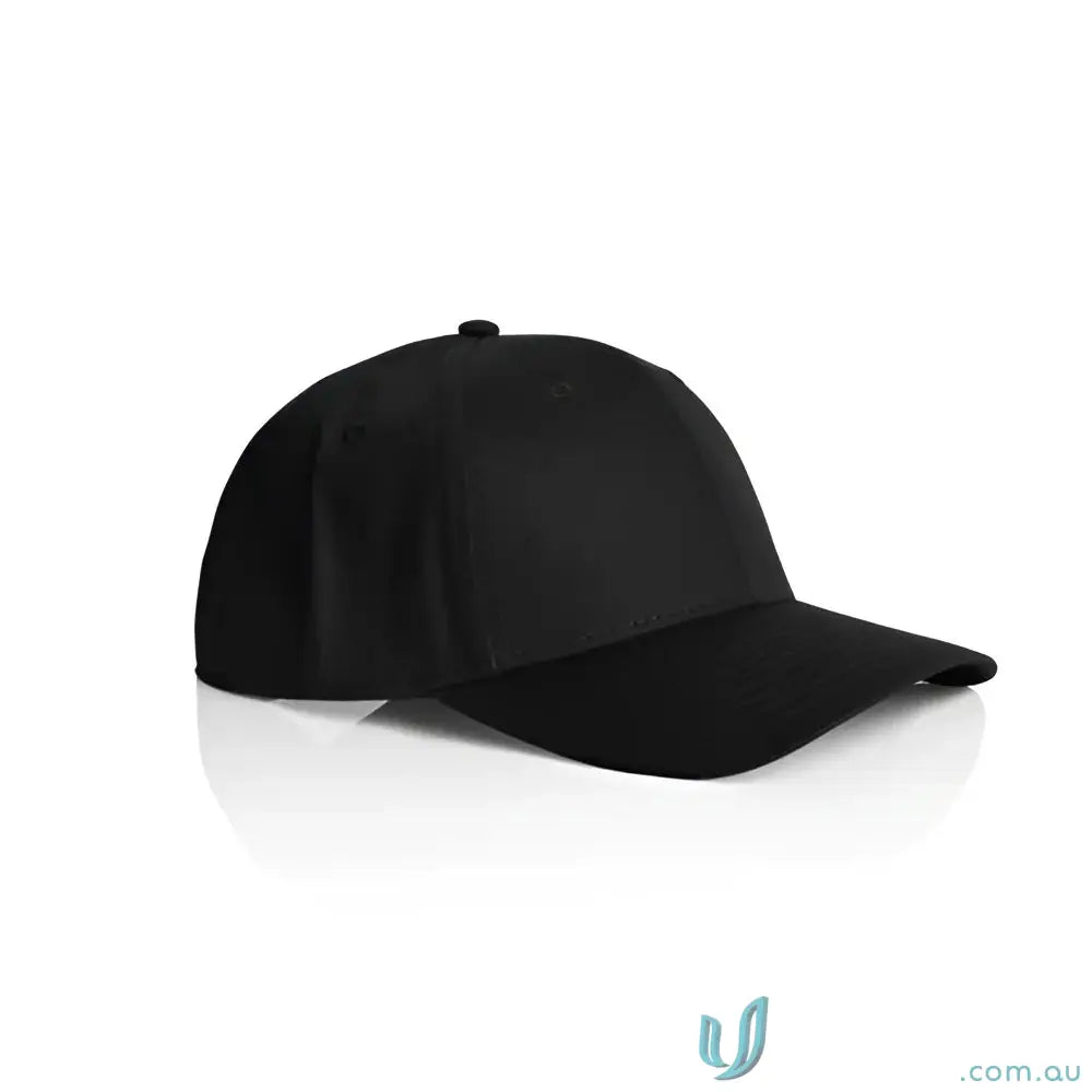 Plain black snapback cap with curved peak and tonal under-peak lining