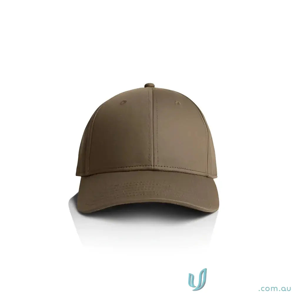 Plain brown snapback cap with curved peak and tonal under-peak lining