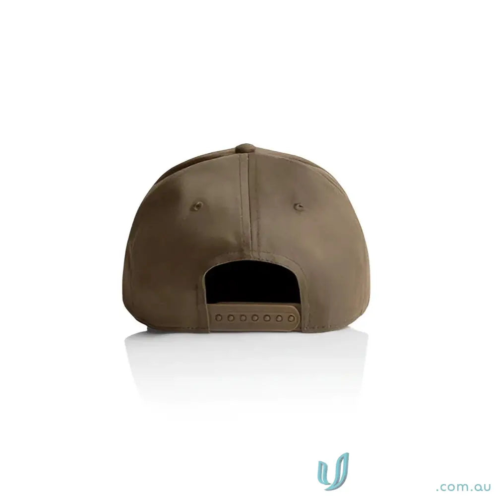 Khaki snapback cap with curved peak and tonal under-peak lining for style