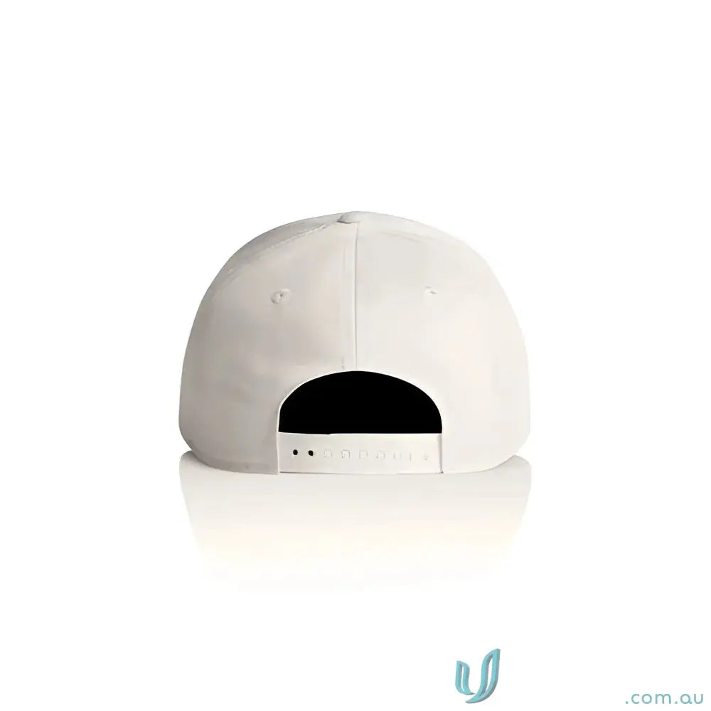 Plain white snapback cap with curved peak and tonal under-peak lining