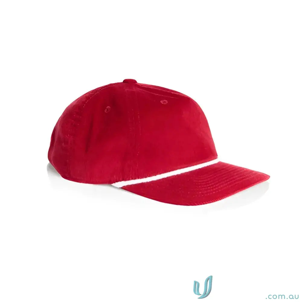 Vibrant red unstructured five-panel cap with white stripe, 16-wale partridge cord, matte nylon rope