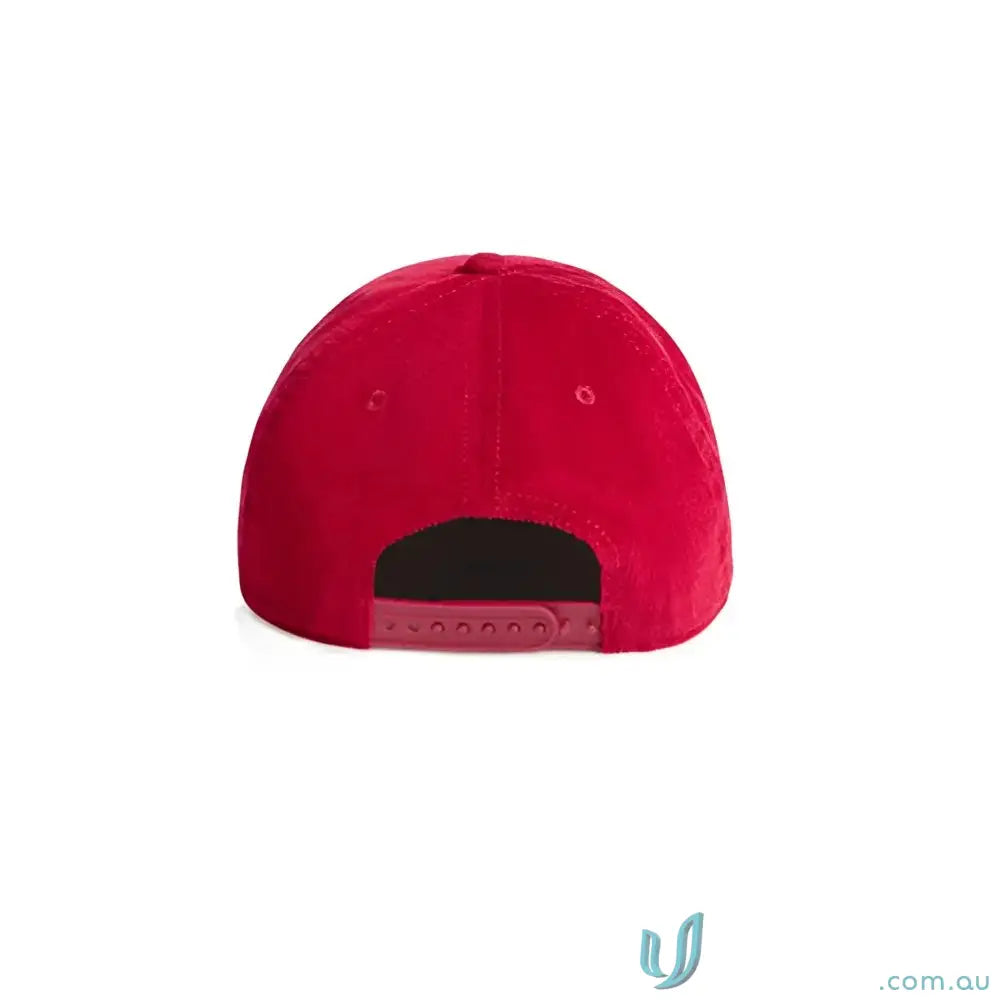 Vibrant red unstructured five-panel cap with 16-wale Partridge cord and matte nylon rope