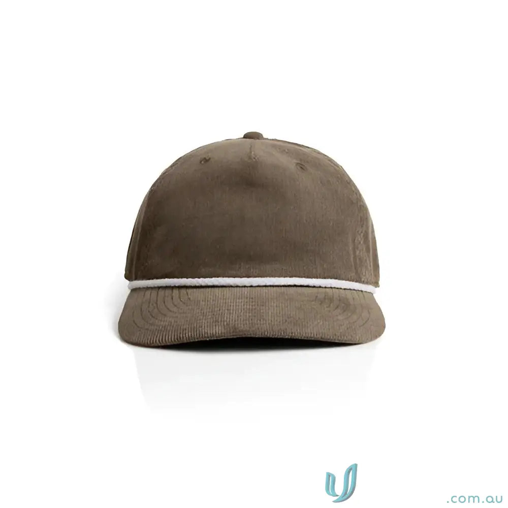 Brown unstructured five-panel cap with 16-wale partridge cord and matte nylon rope detail