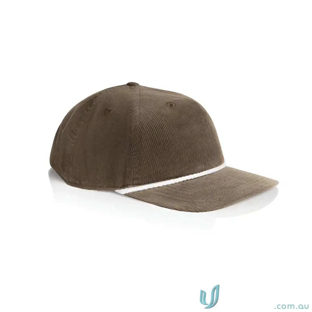 Brown unstructured five-panel cap with 16-wale partridge cord and matte nylon rope detail