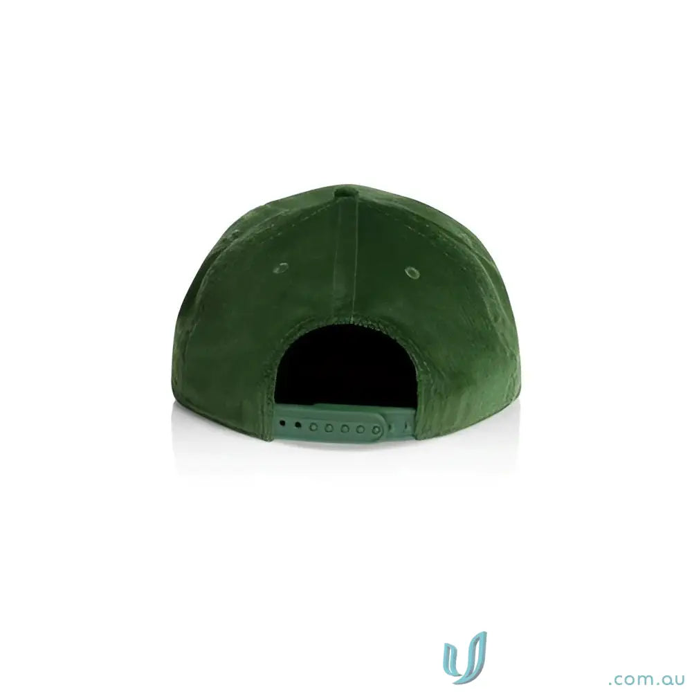 Green corduroy unstructured five-panel cap with matte nylon rope and adjustable snapback