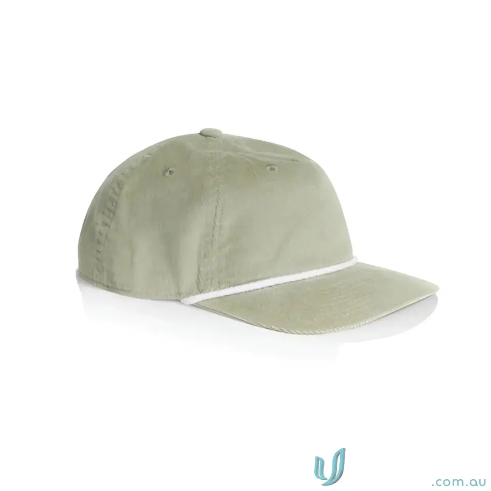 Light green unstructured five-panel cap with 16-wale partridge cord and matte nylon rope