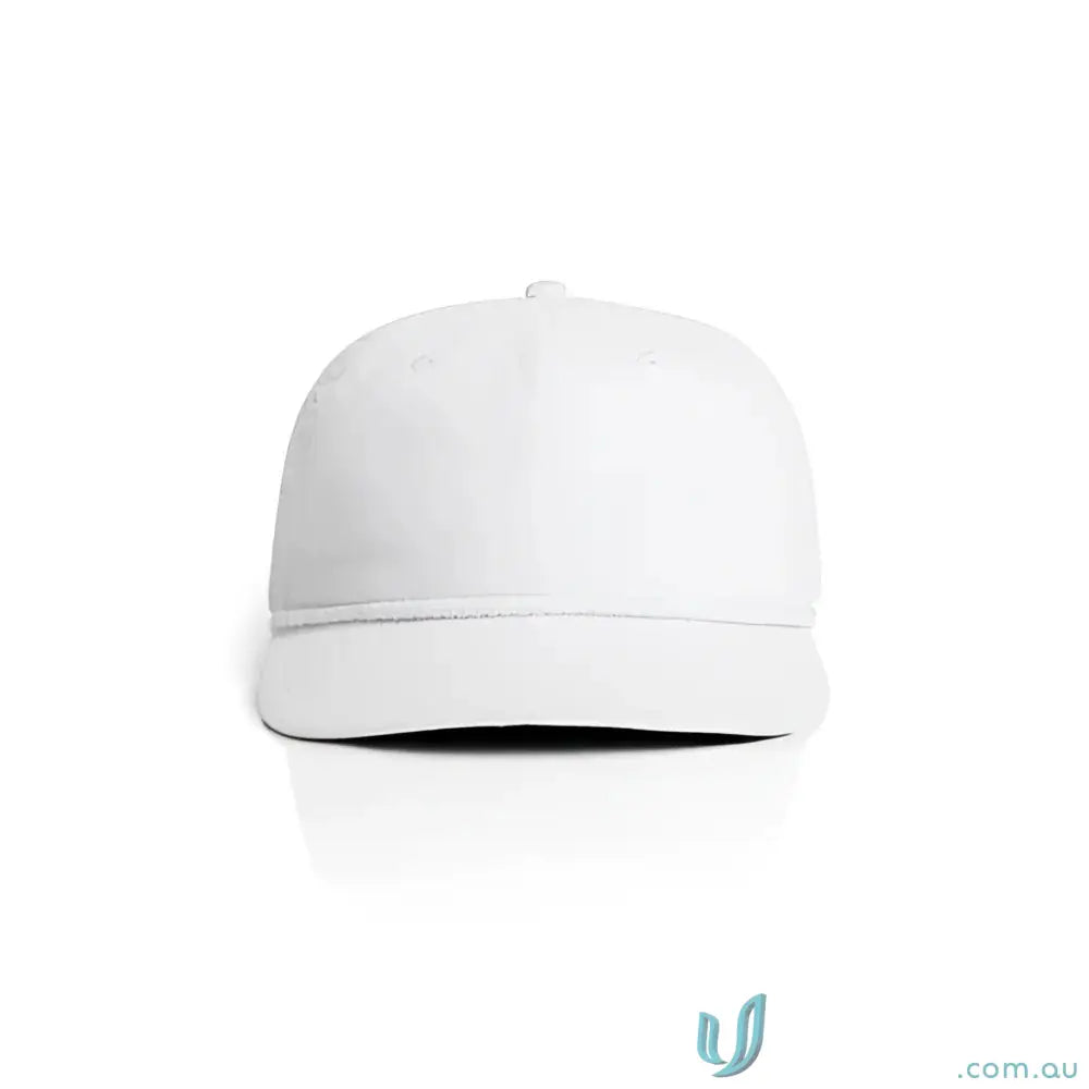 Plain white unstructured five-panel cap with flat brim, 16-wale Partridge Cord, matte nylon rope
