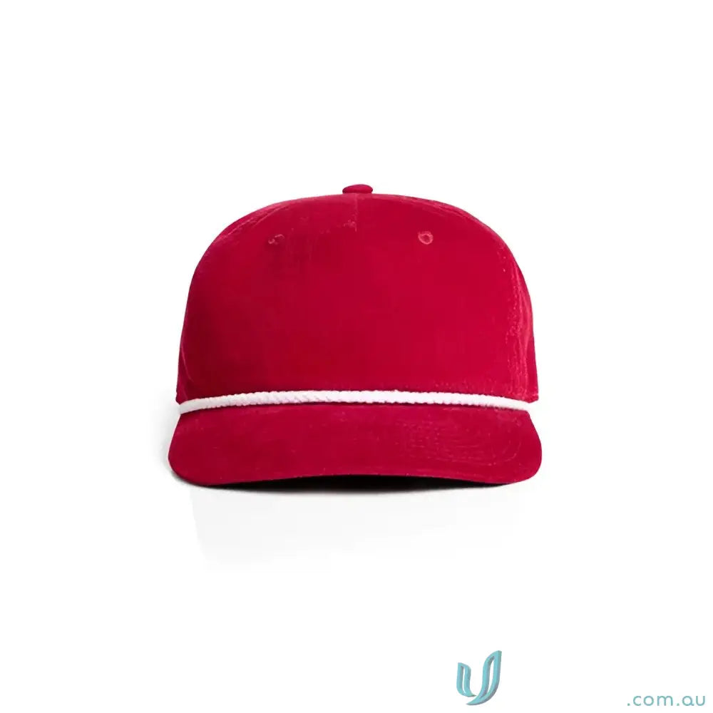 Red corduroy unstructured five-panel cap with white matte nylon rope accent