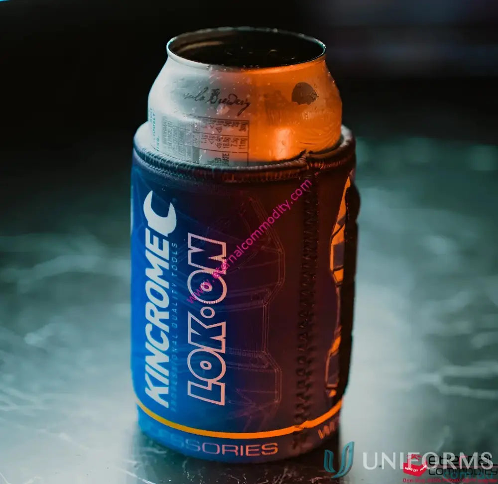 Cold beverage can in a black and blue magnetic stubby holder for cool retail gifts