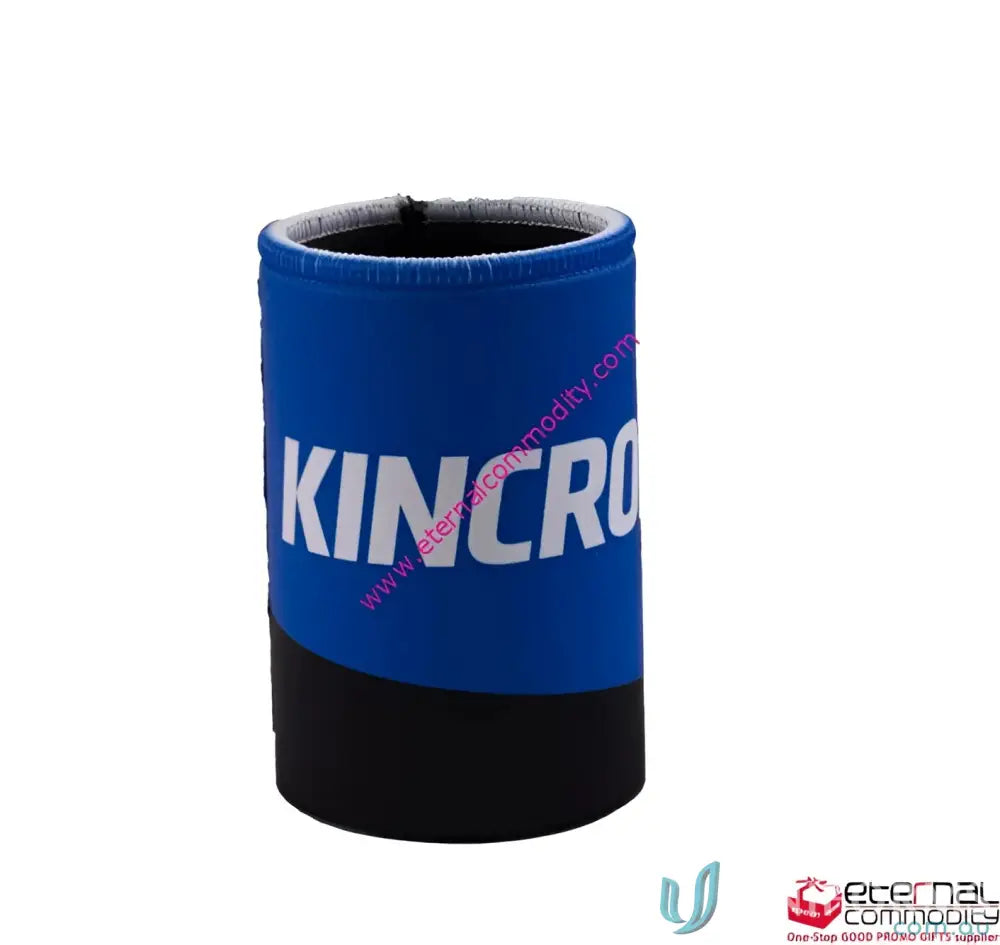Blue and black insulated magnetic stubby holder for keeping beers cold