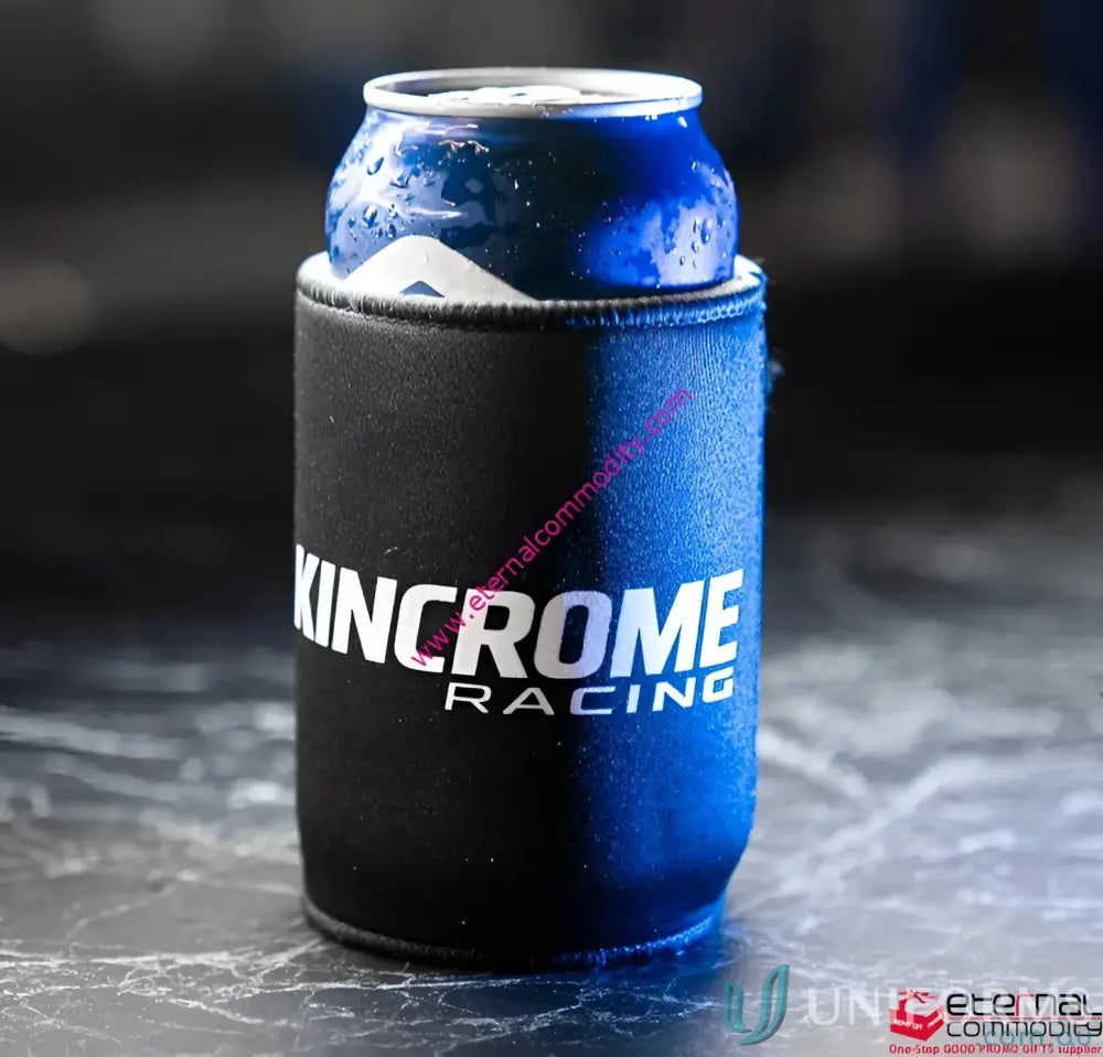 Blue beverage can in a black insulated magnetic stubby holder cooler for retail gifts