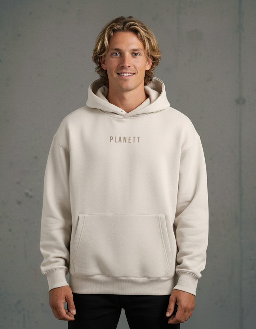 Cream-colored premium oversized bone hoodie with gold Planett text