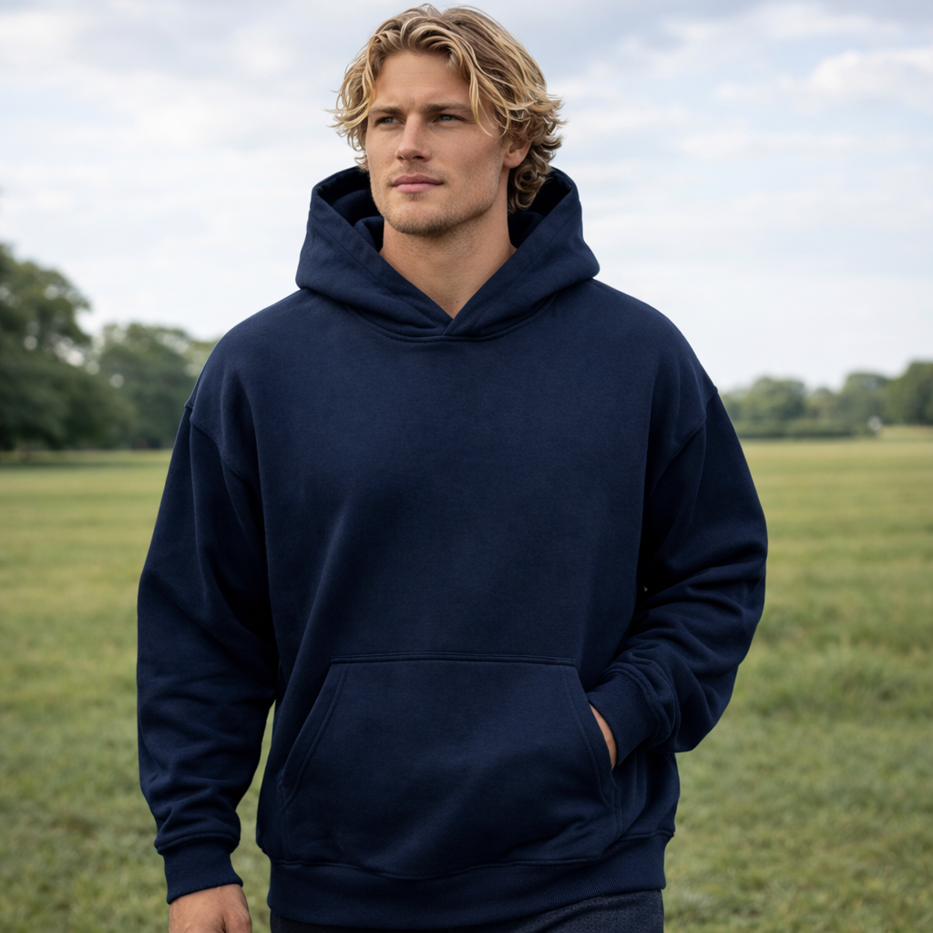 Premium oversized fleece hoodie in navy blue with front pocket
