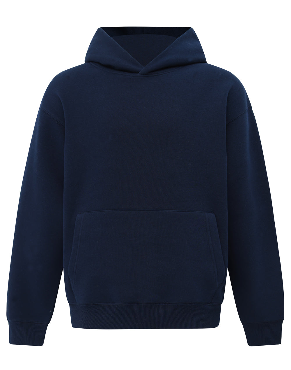 Premium oversized fleece hoodie in navy blue with front pocket and ribbed cuffs