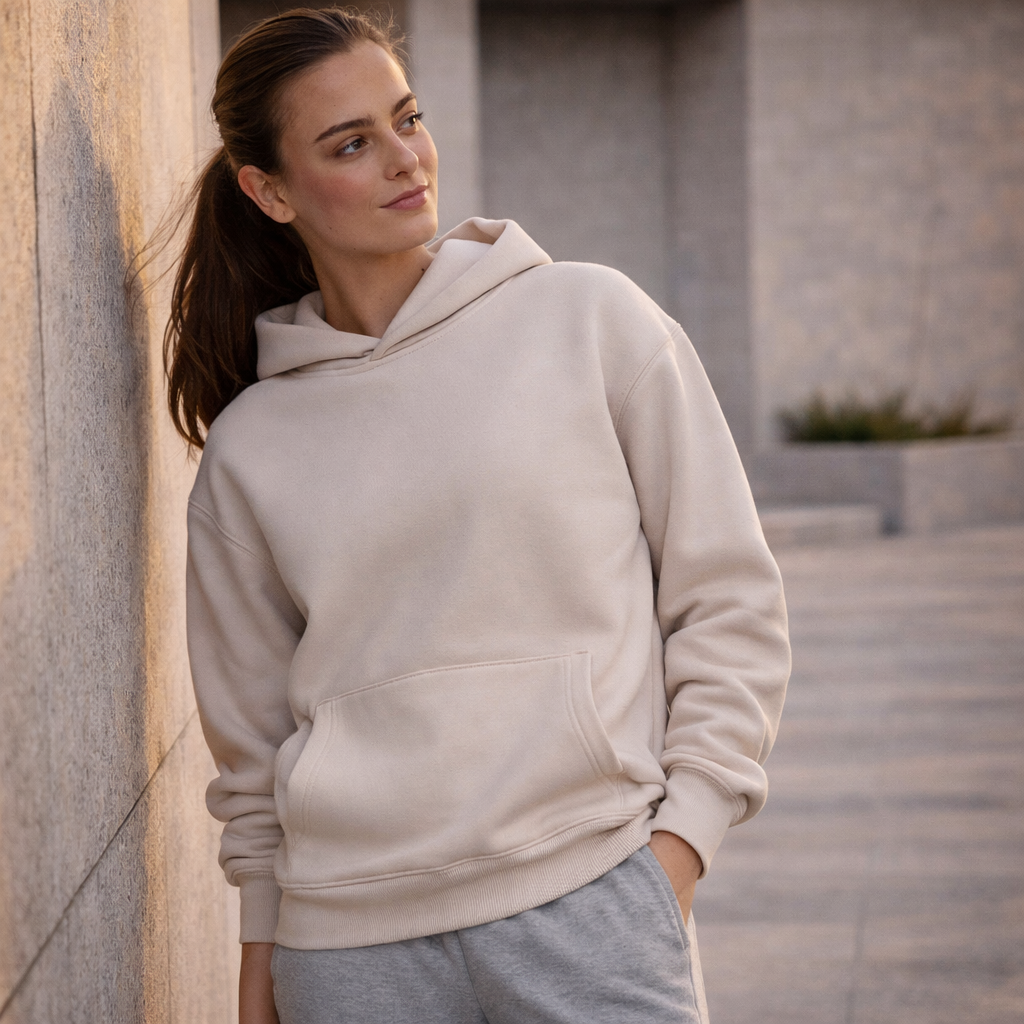 Oversized fleece hoodie in soft off-white with relaxed fit