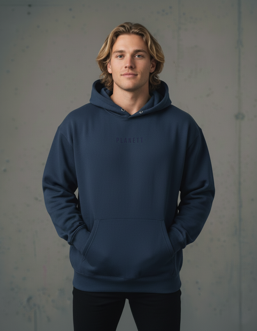 Premium oversized slate hoodie in navy blue fleece with hood and drawstring