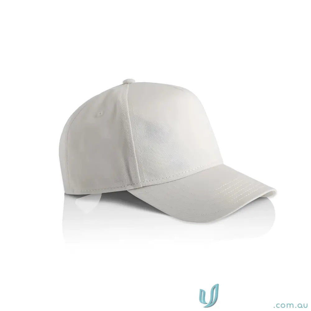 Plain light-colored baseball cap with curved peak and plastic snapback for customization