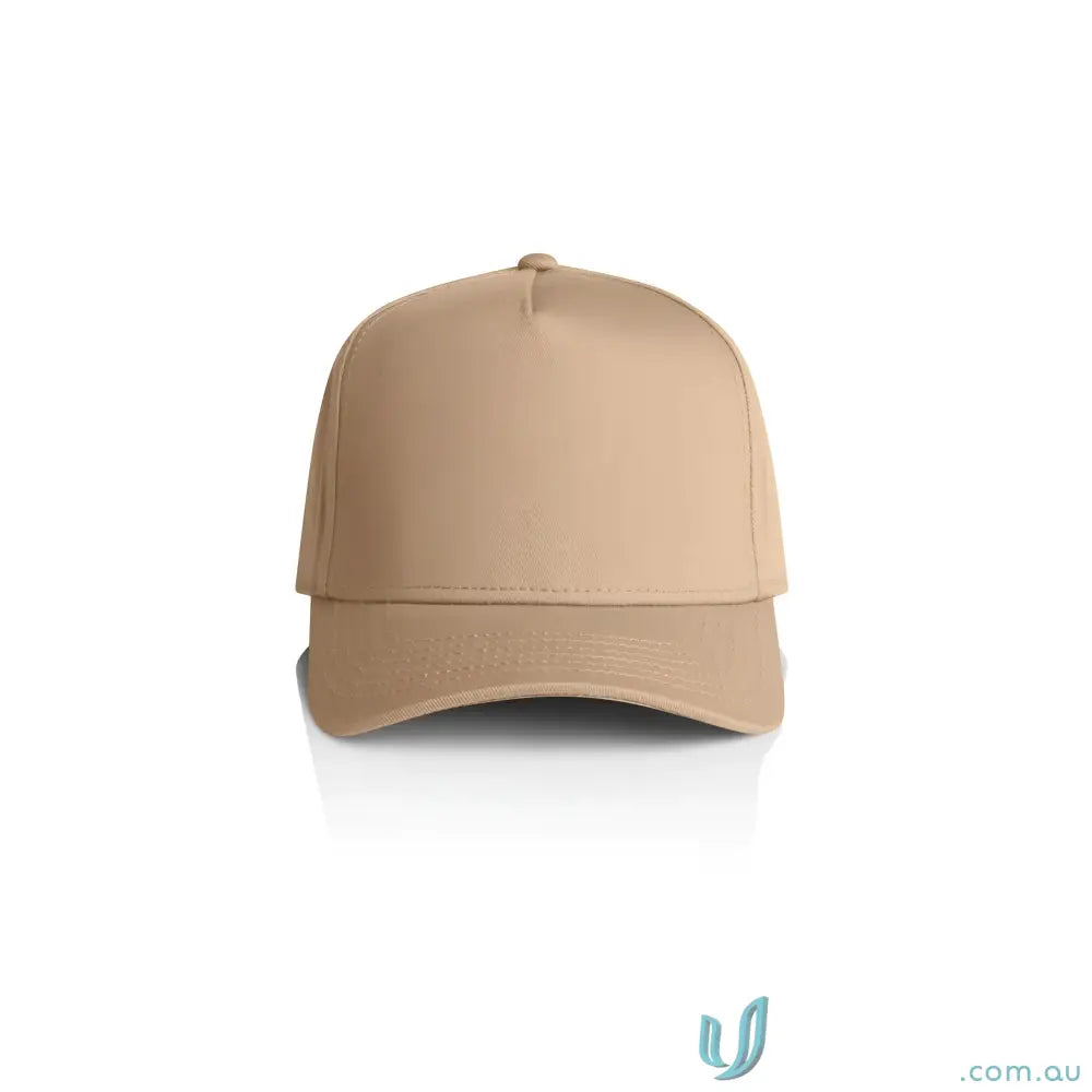 Blank tan baseball cap with curved peak and plastic snapback for customization