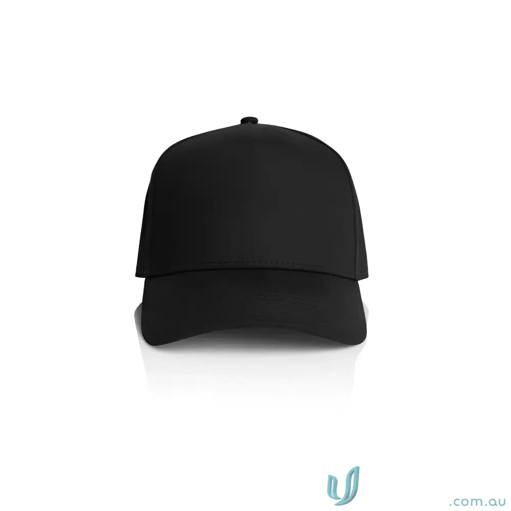 Plain black baseball cap with curved peak and plastic snapback for customization