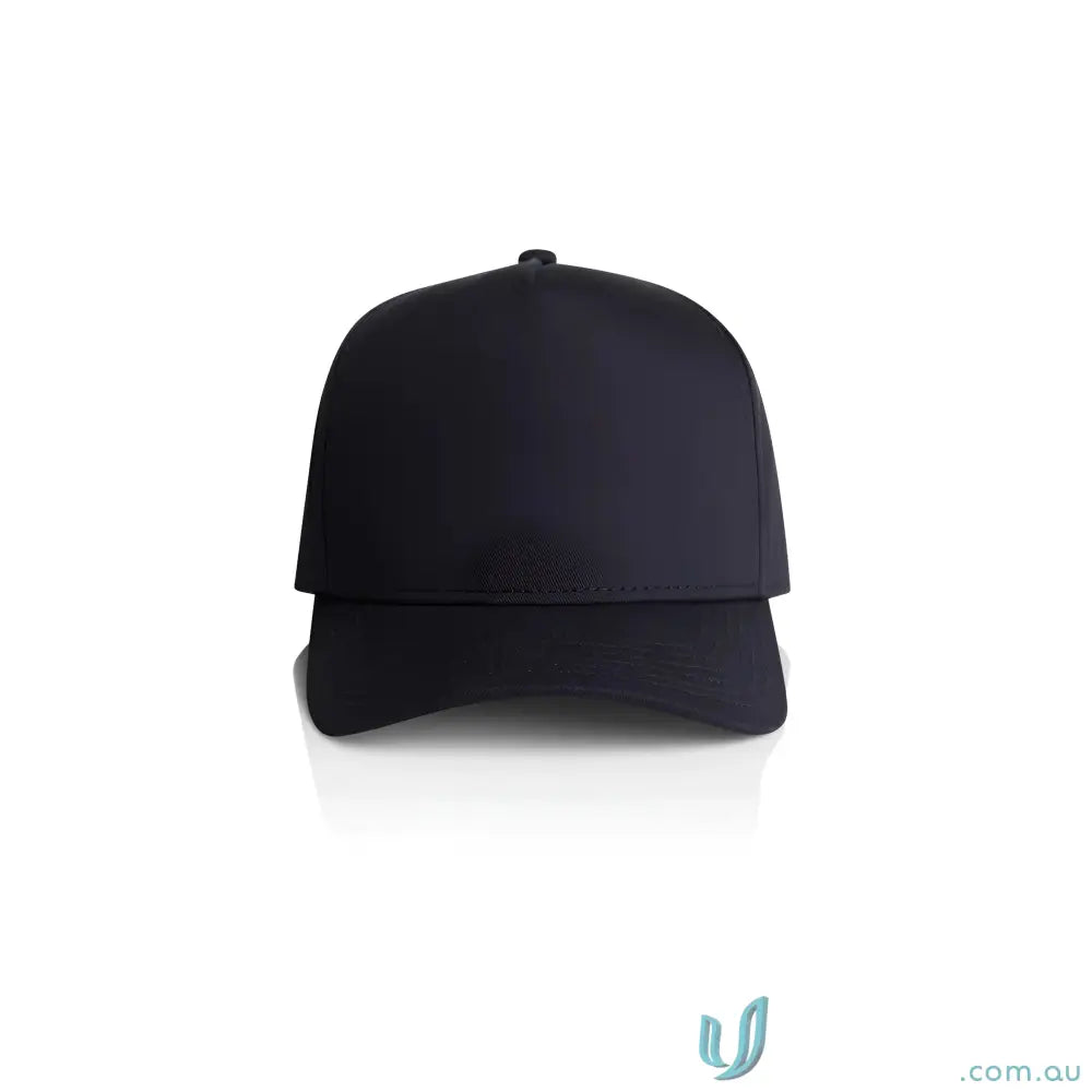Black baseball cap with curved peak and plastic snapback for customisation