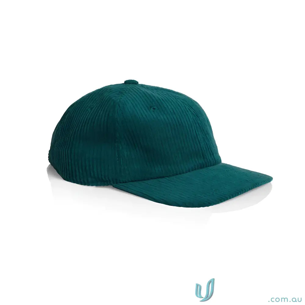 Teal corduroy unstructured six-panel cap with 8-wale partridge cord and adjustable metal clasp