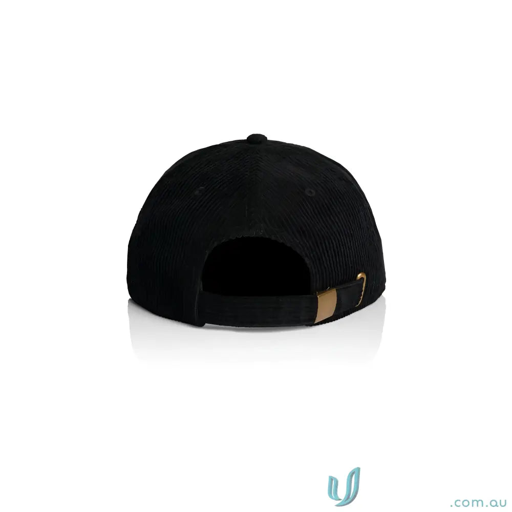 Black 8-wale partridge corduroy unstructured six-panel cap with adjustable metal clasp