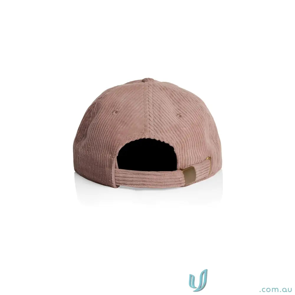 Muted rose-colored unstructured six-panel cap made of 8-wale partridge cord with adjustable metal clasp