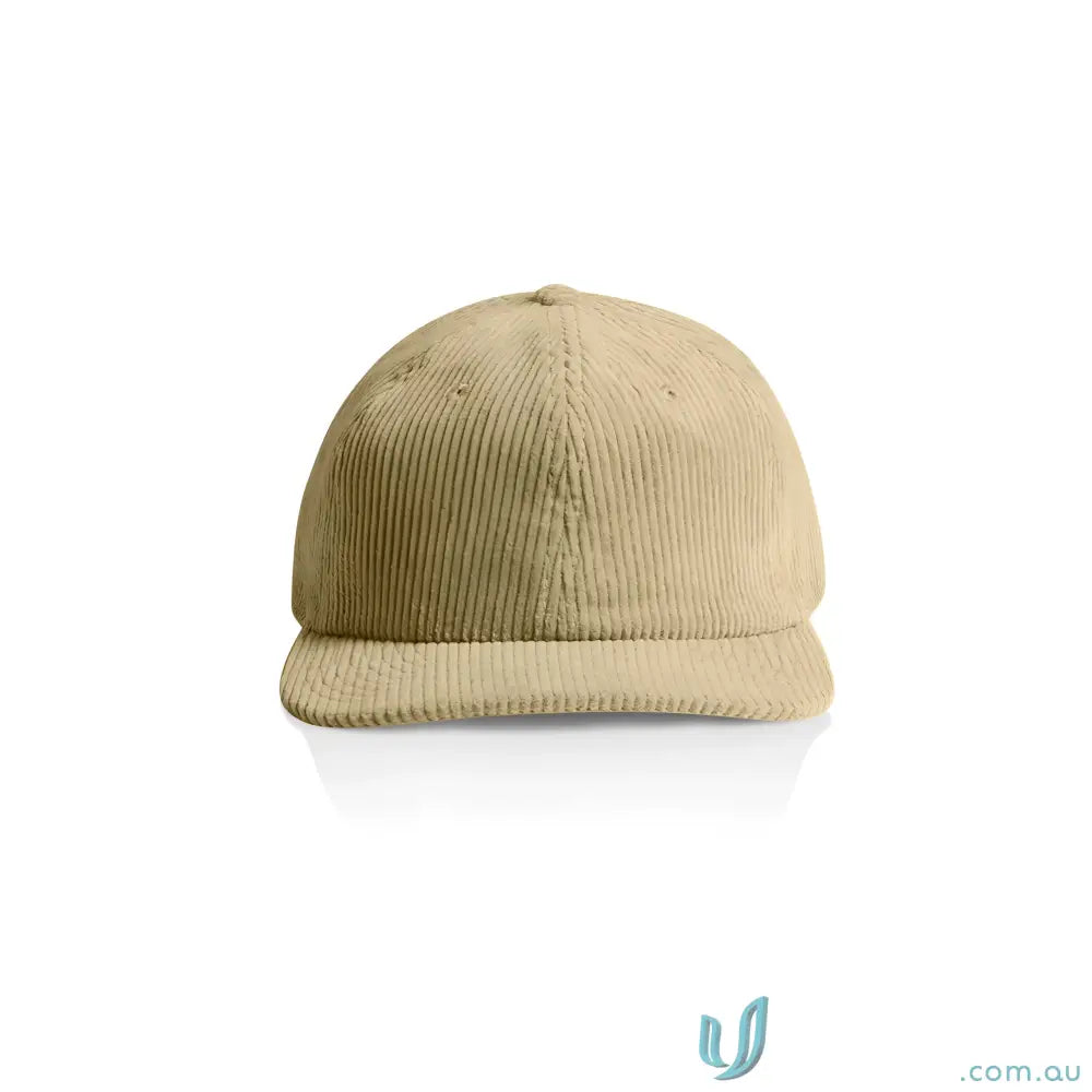 Beige unstructured six-panel cap with 8-wale partridge cord and adjustable metal clasp