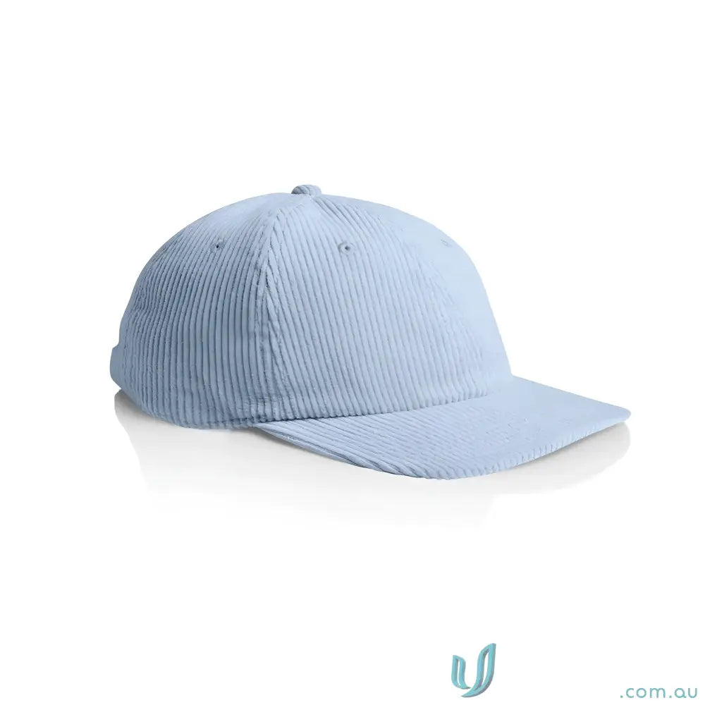Light blue unstructured six-panel cap with 8-wale partridge cord and adjustable metal clasp