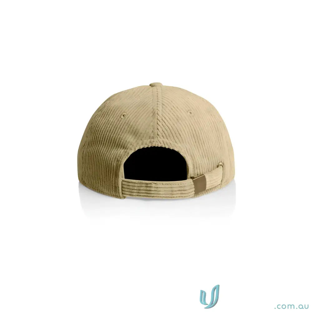 Beige unstructured six-panel cap with 8-wale partridge cord and adjustable metal clasp