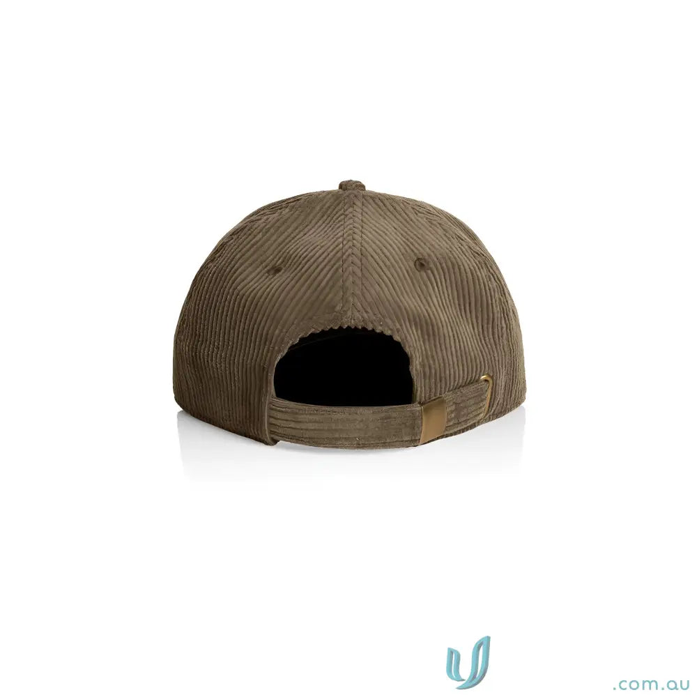 Olive green unstructured six-panel cap with 8-wale partridge cord and adjustable metal clasp