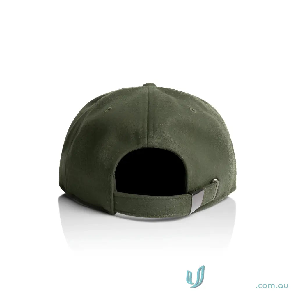 Olive green wool blend cap with adjustable metal clasp fastener and tonal under-peak lining