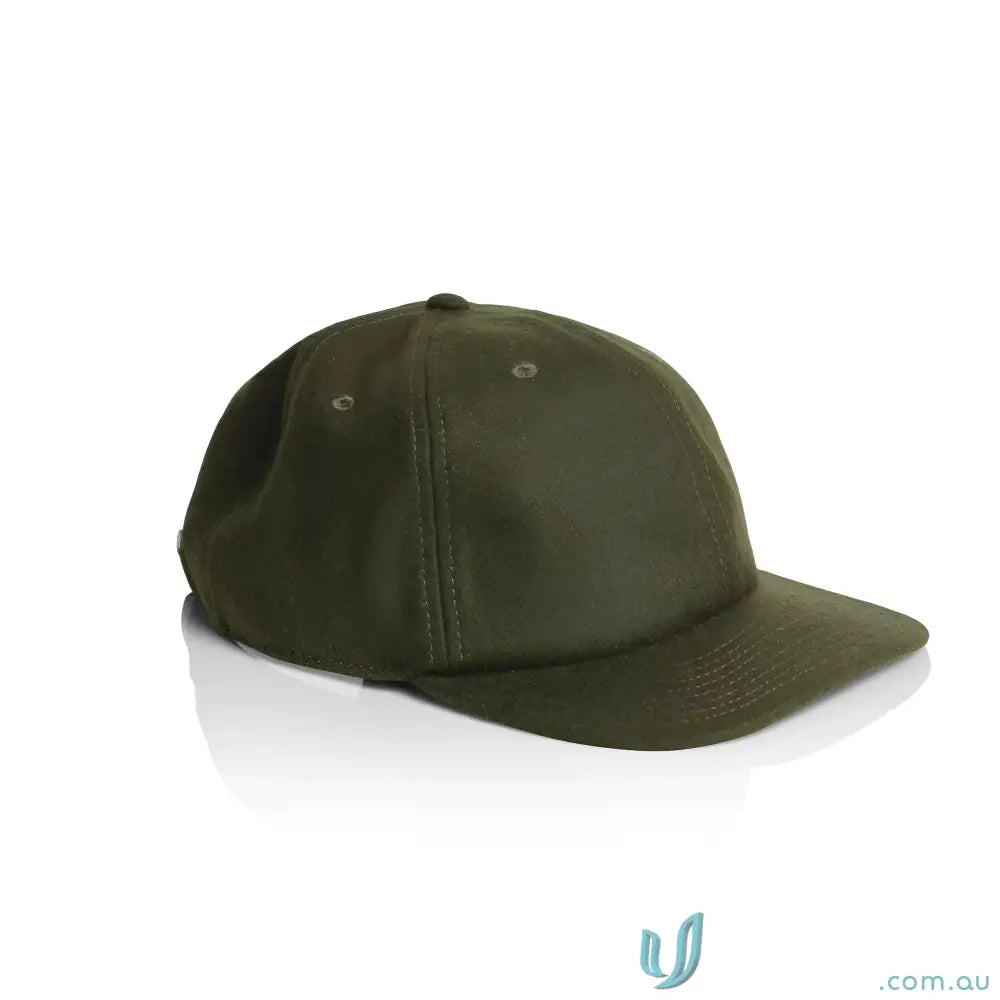 Olive green baseball cap with curved brim, adjustable metal clasp, tonal under-peak lining