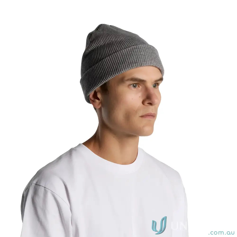 Man wearing grey ribbed knit beanie and white tee, perfect ribbed knit beanie style